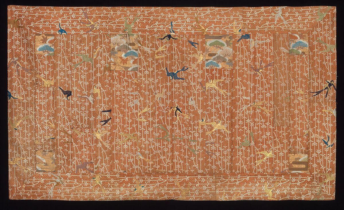 Buddhist Priest's Robe (Kesa) with Pattern of Swallows among Willow Branches, Brocaded twill with supplementary weft patterning; silk and metallic thread, Japan 