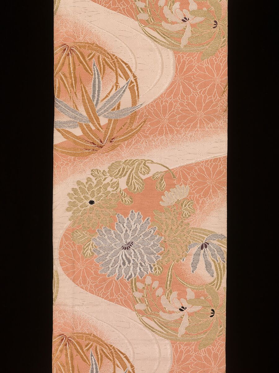 Obi with Large Floral Roundels and Stream, Twill-weave silk with supplementary weft patterning and brocading, Japan