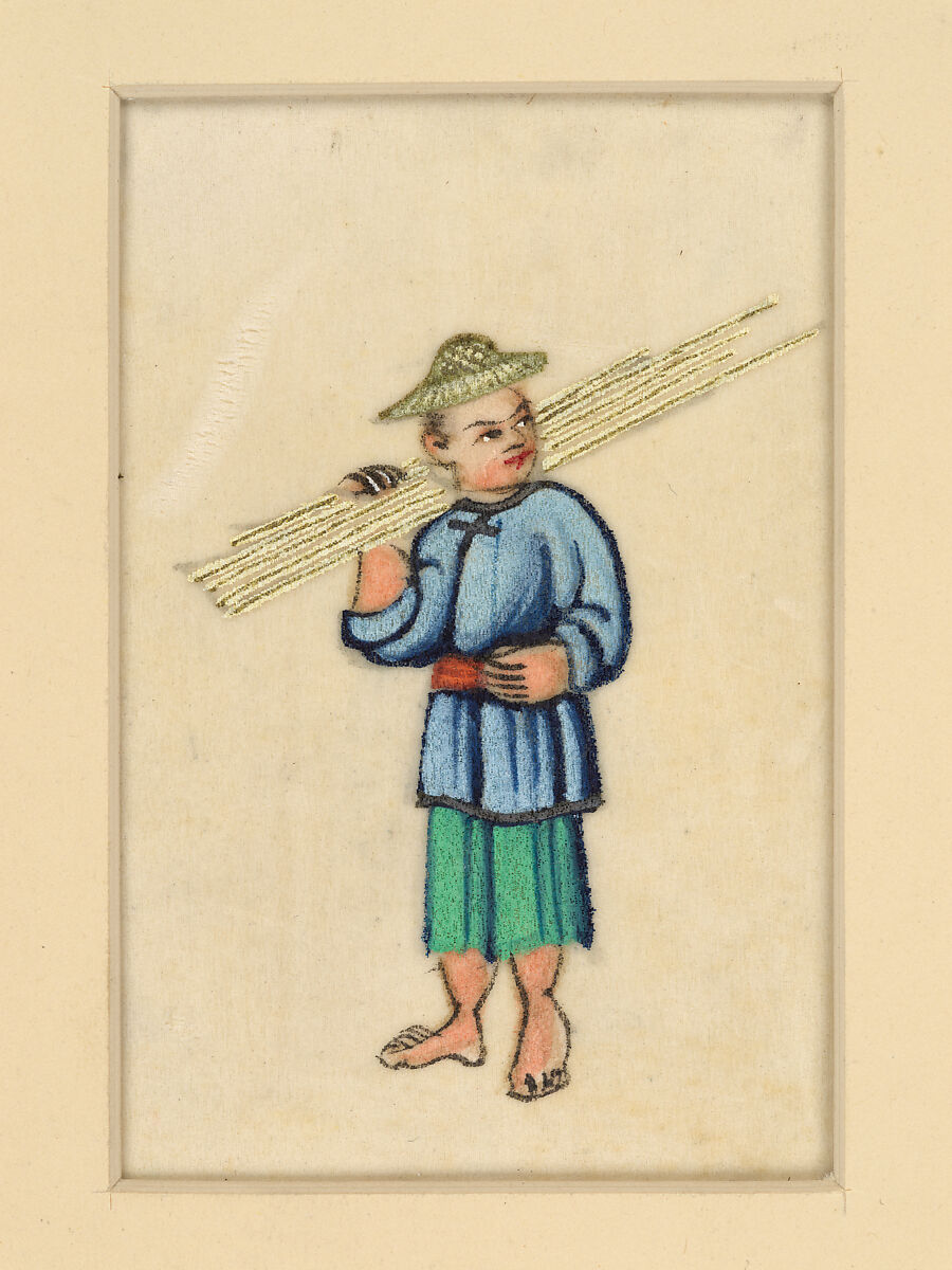 Man Carrying Tiger's Tails in Procession, Leaf; color on rice paper, China 