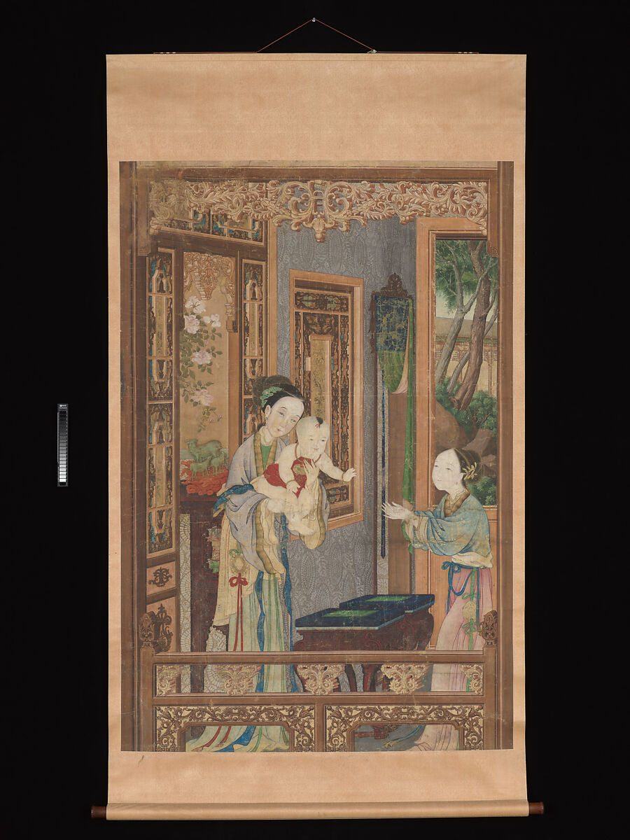 Interior with Woman, Child and Nurse, Unidentified artist, Hanging scroll; ink and color on silk, China