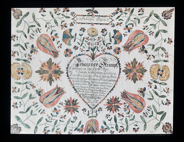 Birth and Baptismal Certificate, Johan Zug, Ink and watercolor on paper, American