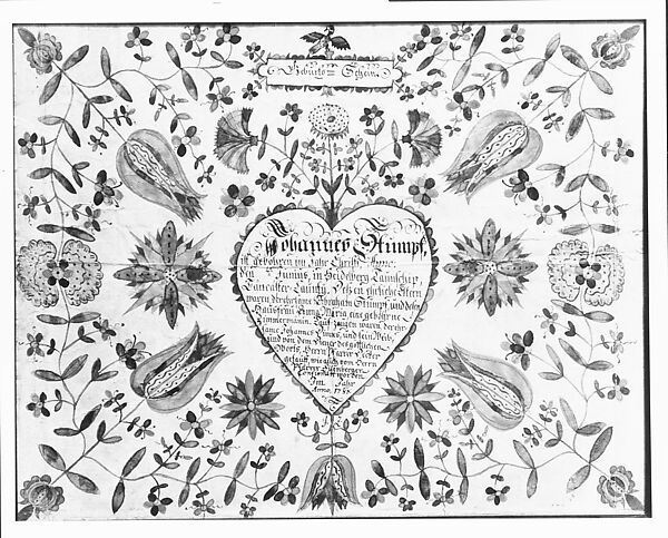 Birth and Baptismal Certificate, Johan Zug, Ink and watercolor on paper, American