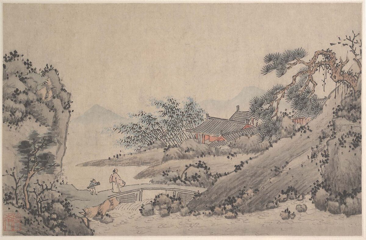 Landscape with Man Crossing Bridge, Attributed to Shen Zhou (Chinese, 1427–1509), Album leaf; ink and color on paper, China 