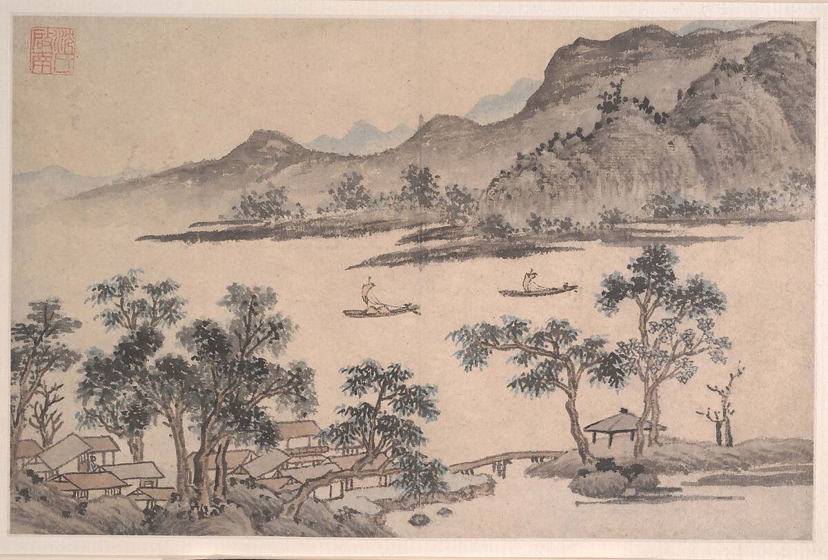 Landscape with Sailboats, Attributed to Shen Zhou (Chinese, 1427–1509), Album leaf; ink and color on paper, China 