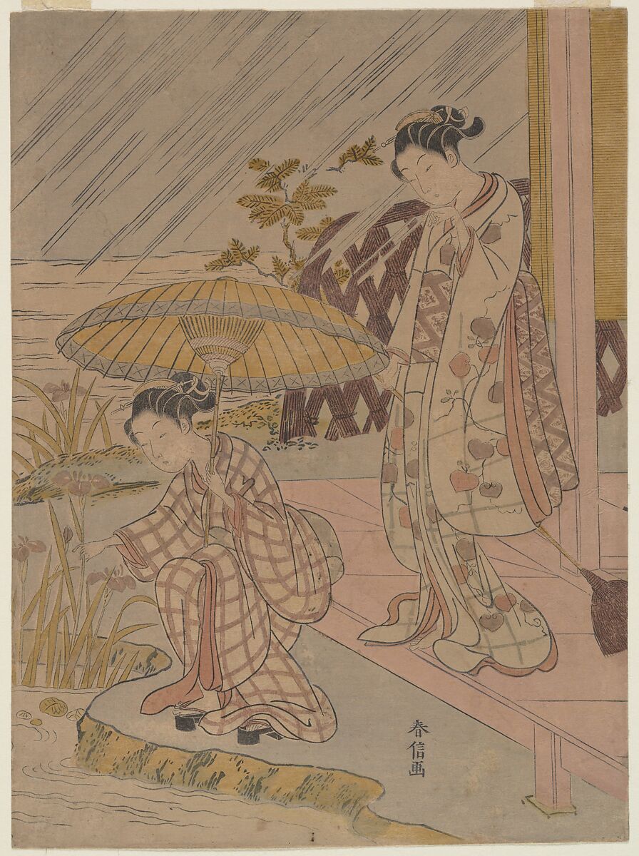 Viewing Iris in the Rain, Suzuki Harunobu (Japanese, 1725–1770), Woodblock print; ink and color on paper, Japan 