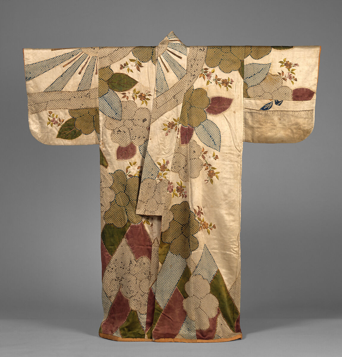 Robe (Kosode) with Cherry Blossoms and Cypress Fence, Silk and metallic thread embroidery with resist dyeing on satin damask, Japan