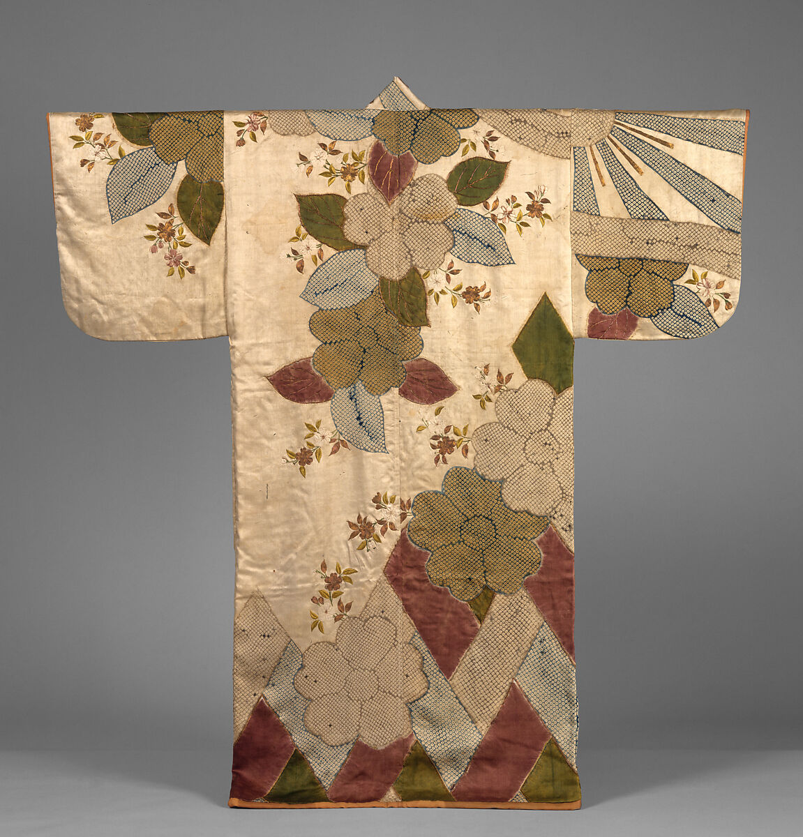 Robe (Kosode) with Cherry Blossoms and Cypress Fence, Silk and metallic thread embroidery with resist dyeing on satin damask, Japan 