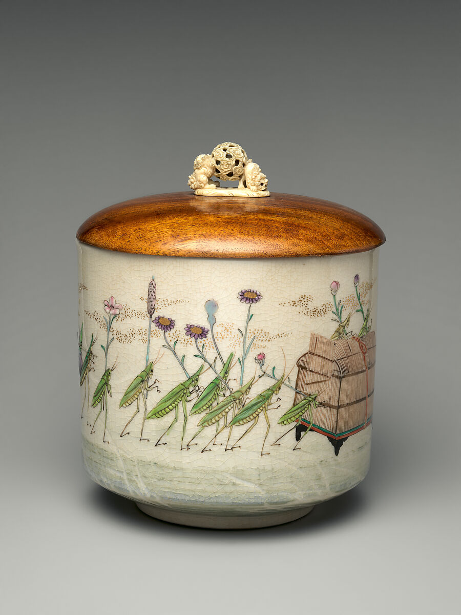 Freshwater Jar (Mizusashi) with Procession of Grasshoppers, Makuzu Kōzan I (Miyagawa Toranosuke) (Japanese, 1842–1916), Stoneware with polychrome overglaze enamels and gold; wood lid and ivory knob (Makuzu ware), Japan 