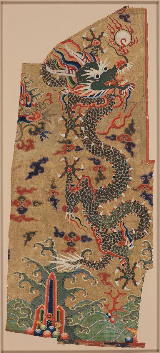 Panel with Dragon, Silk, feather, and metallic thread embroidery on silk gauze, China 
