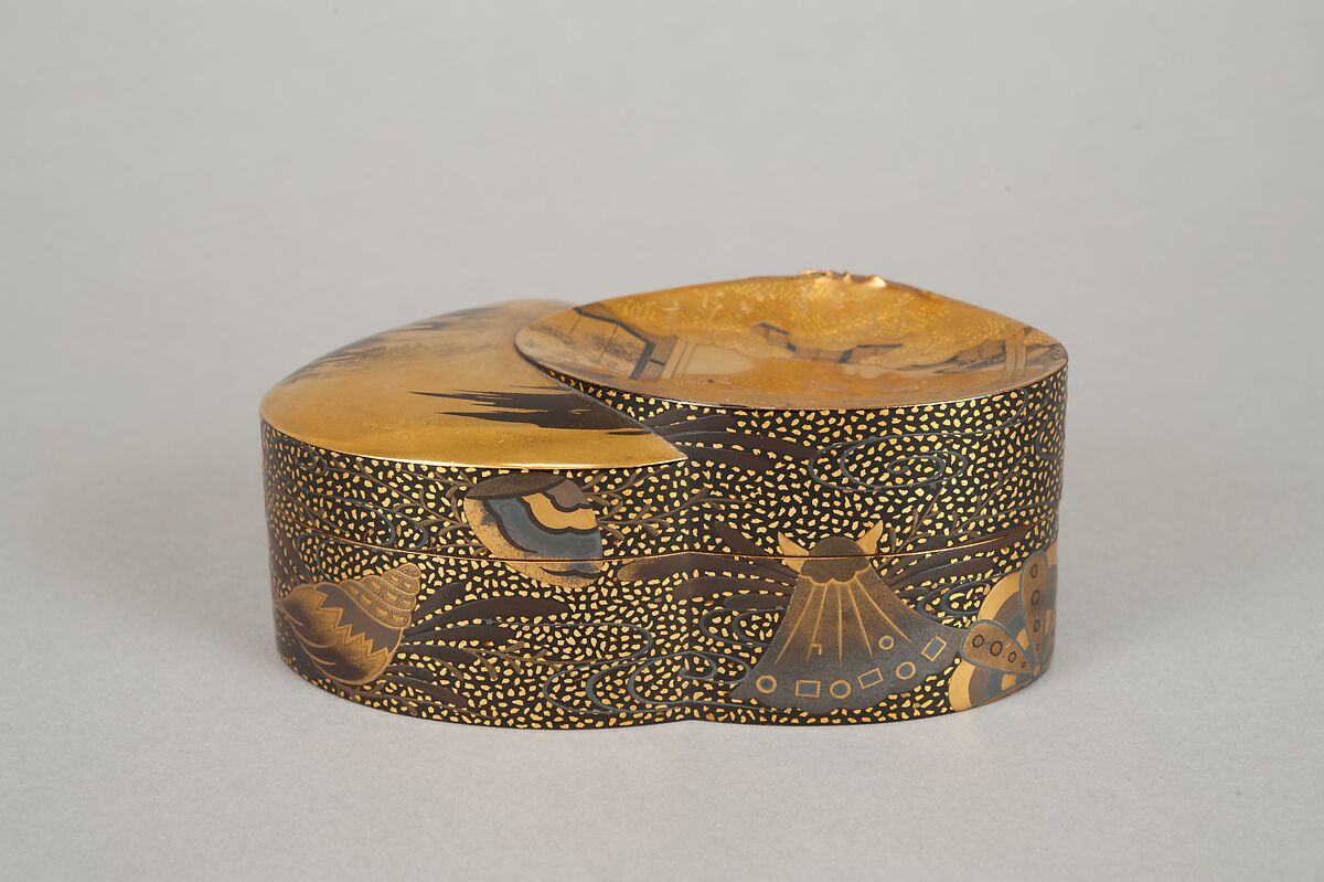 Incense Box (Kōbako) with Scene from The Tale of Genji, Lacquered wood with gold and silver takamaki-e, hiramaki-e, and togidashimaki-e, cutout gold- and silver-foil application, Japan