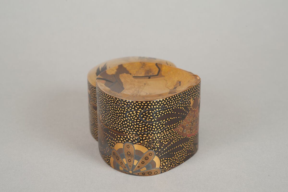 Incense Box (Kōbako) with Scene from The Tale of Genji, Lacquered wood with gold and silver takamaki-e, hiramaki-e, and togidashimaki-e, cutout gold- and silver-foil application, Japan