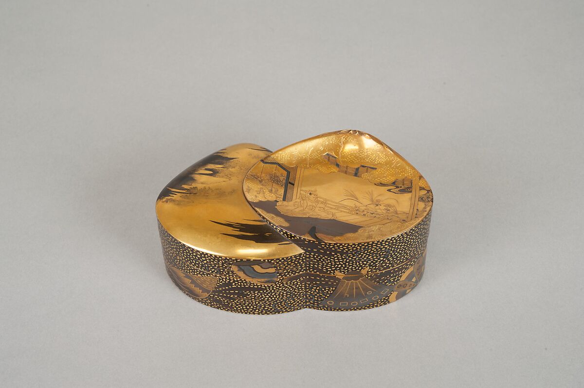 Incense Box (Kōbako) with Scene from The Tale of Genji, Lacquered wood with gold and silver takamaki-e, hiramaki-e, and togidashimaki-e, cutout gold- and silver-foil application, Japan