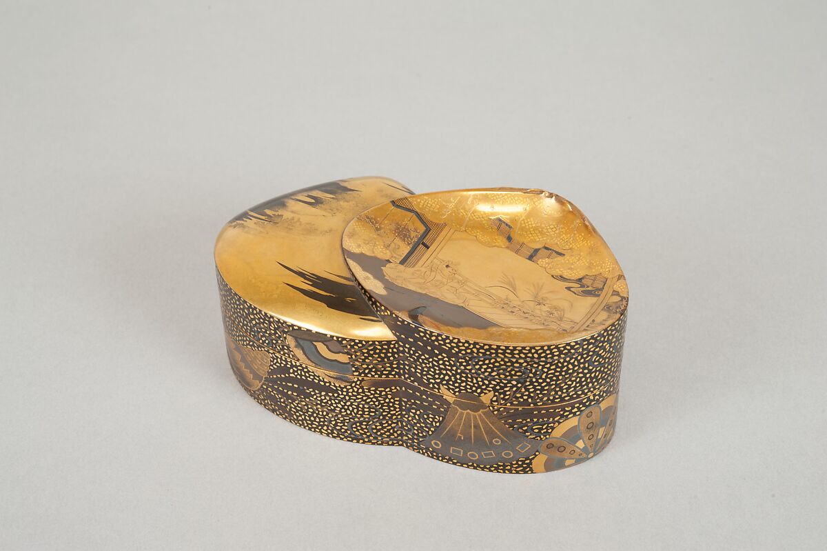 Incense Box (Kōbako) with Scene from The Tale of Genji, Lacquered wood with gold and silver takamaki-e, hiramaki-e, and togidashimaki-e, cutout gold- and silver-foil application, Japan