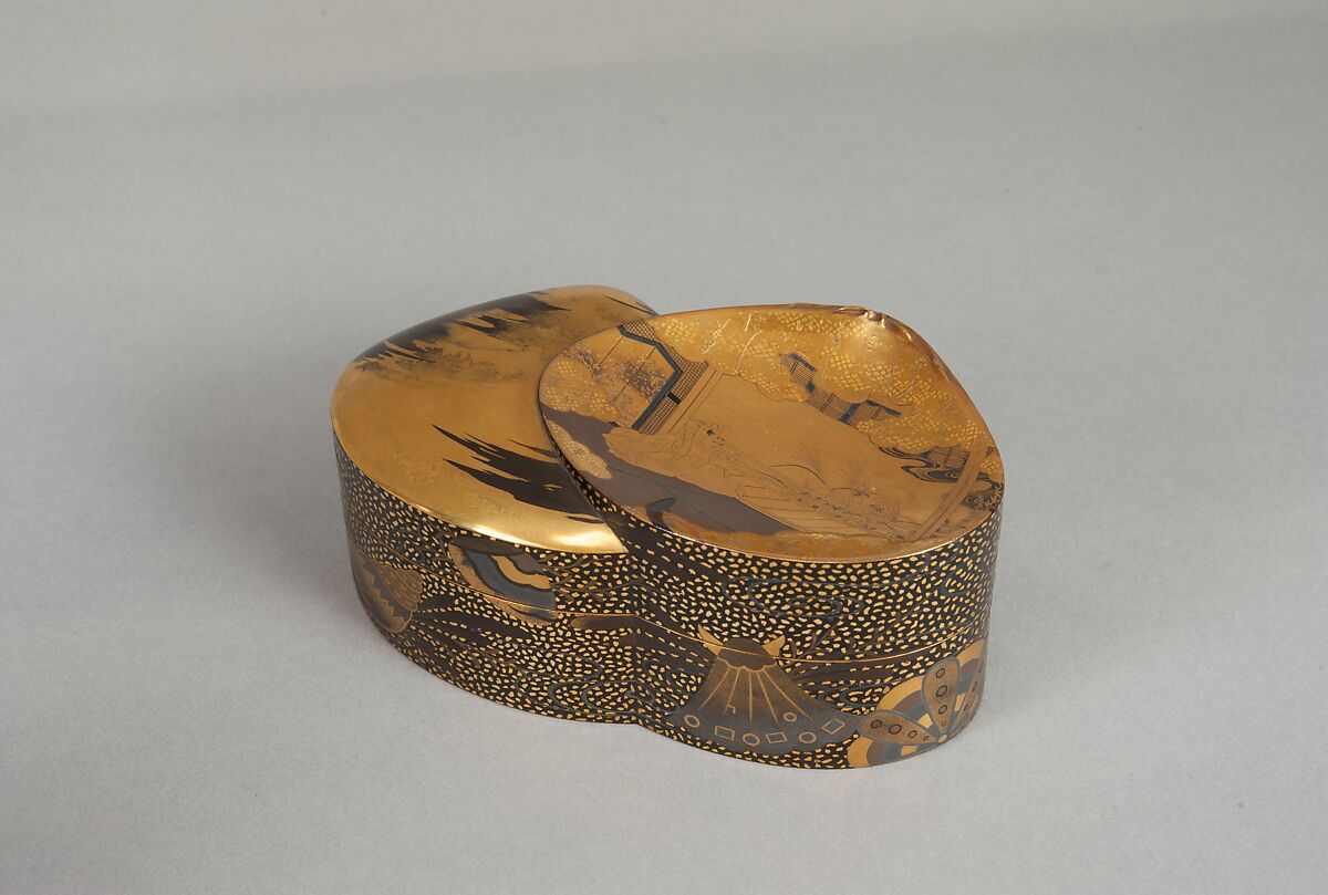 Incense Box (Kōbako) with Scene from The Tale of Genji, Lacquered wood with gold and silver takamaki-e, hiramaki-e, and togidashimaki-e, cutout gold- and silver-foil application, Japan