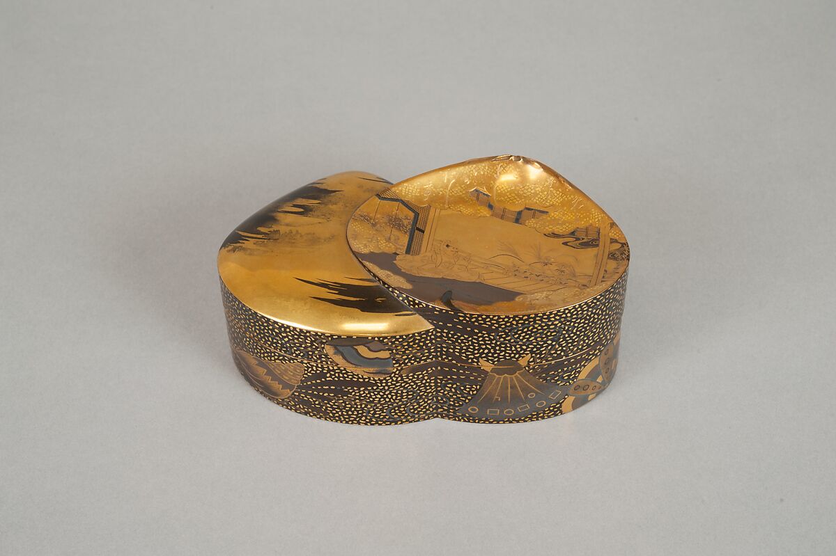 Incense Box (Kōbako) with Scene from The Tale of Genji, Lacquered wood with gold and silver takamaki-e, hiramaki-e, and togidashimaki-e, cutout gold- and silver-foil application, Japan