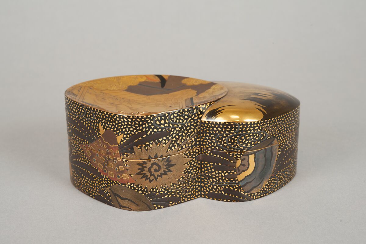 Incense Box (Kōbako) with Scene from The Tale of Genji, Lacquered wood with gold and silver takamaki-e, hiramaki-e, and togidashimaki-e, cutout gold- and silver-foil application, Japan