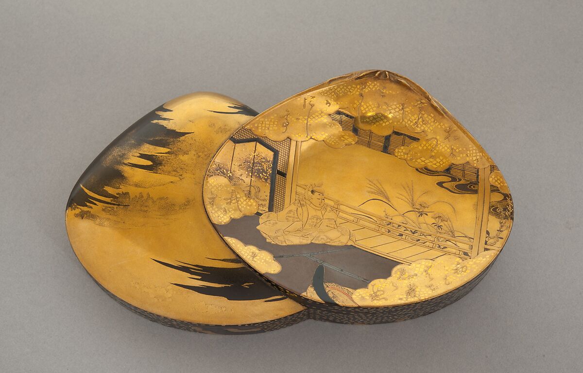 Incense Box (Kōbako) with Scene from The Tale of Genji, Lacquered wood with gold and silver takamaki-e, hiramaki-e, and togidashimaki-e, cutout gold- and silver-foil application, Japan 