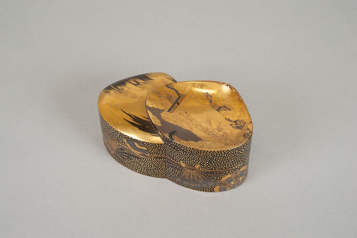 Incense Box (Kōbako) with Scene from The Tale of Genji, Lacquered wood with gold and silver takamaki-e, hiramaki-e, and togidashimaki-e, cutout gold- and silver-foil application, Japan