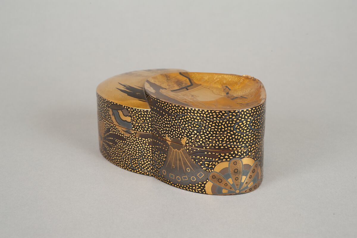 Incense Box (Kōbako) with Scene from The Tale of Genji, Lacquered wood with gold and silver takamaki-e, hiramaki-e, and togidashimaki-e, cutout gold- and silver-foil application, Japan