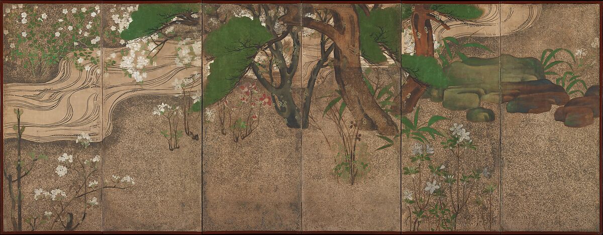 Spring Trees and Grasses by a Stream, One of a pair of six-panel folding screens; ink, color, gold, and silver on paper, Japan 