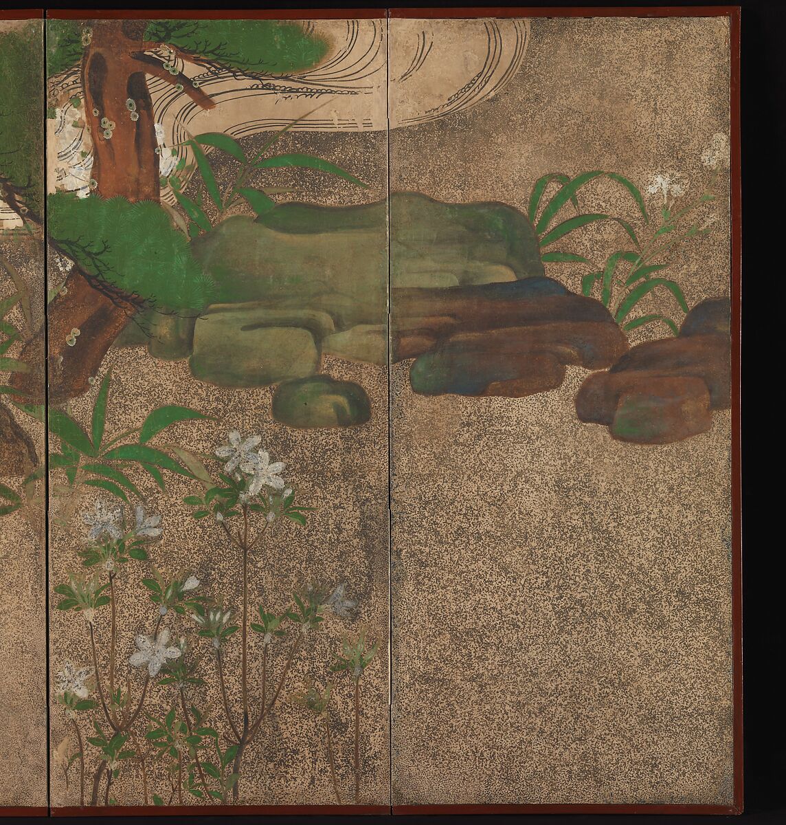 Spring Trees and Grasses by a Stream, One of a pair of six-panel folding screens; ink, color, gold, and silver on paper, Japan