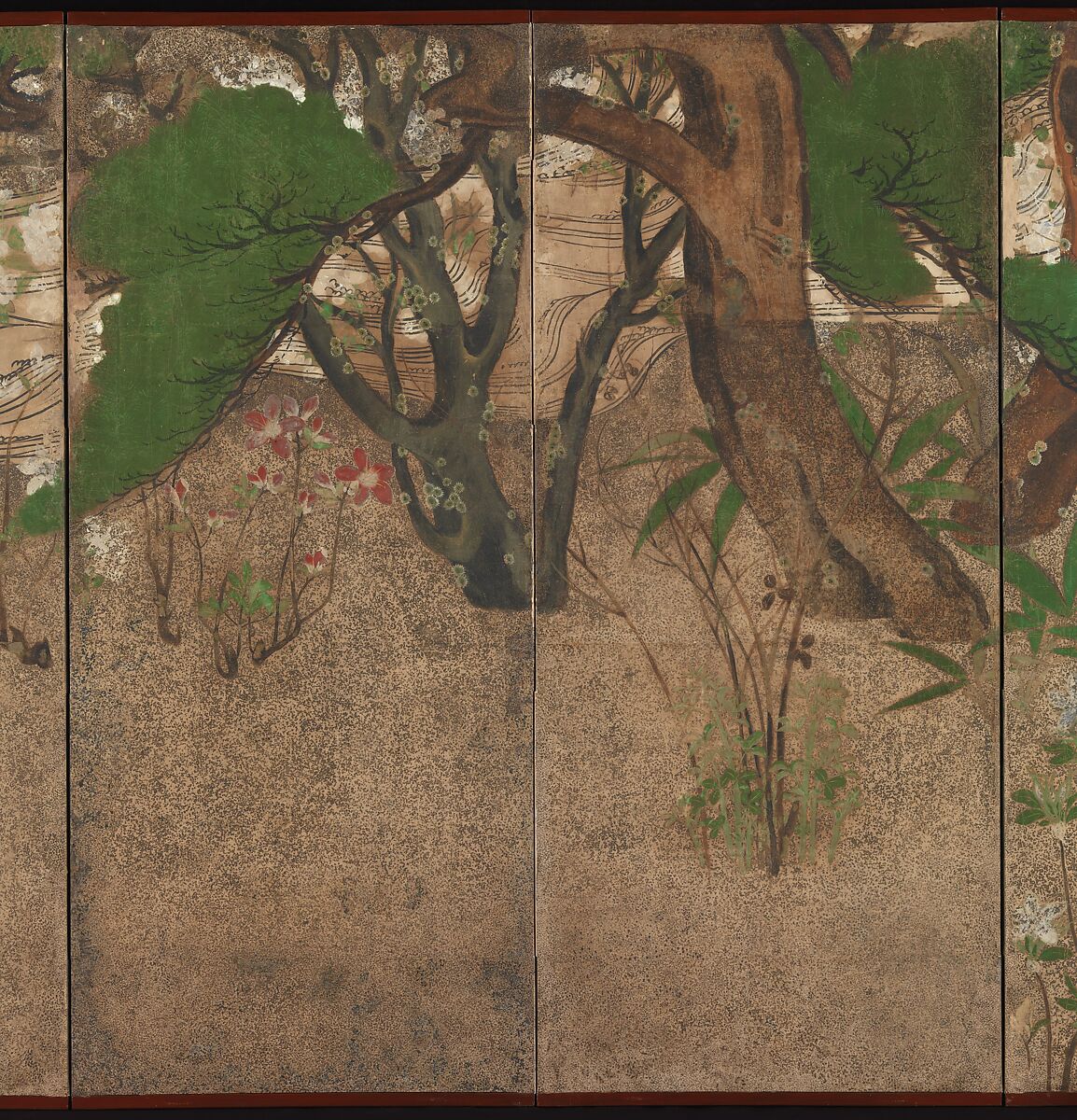 Spring Trees and Grasses by a Stream, One of a pair of six-panel folding screens; ink, color, gold, and silver on paper, Japan