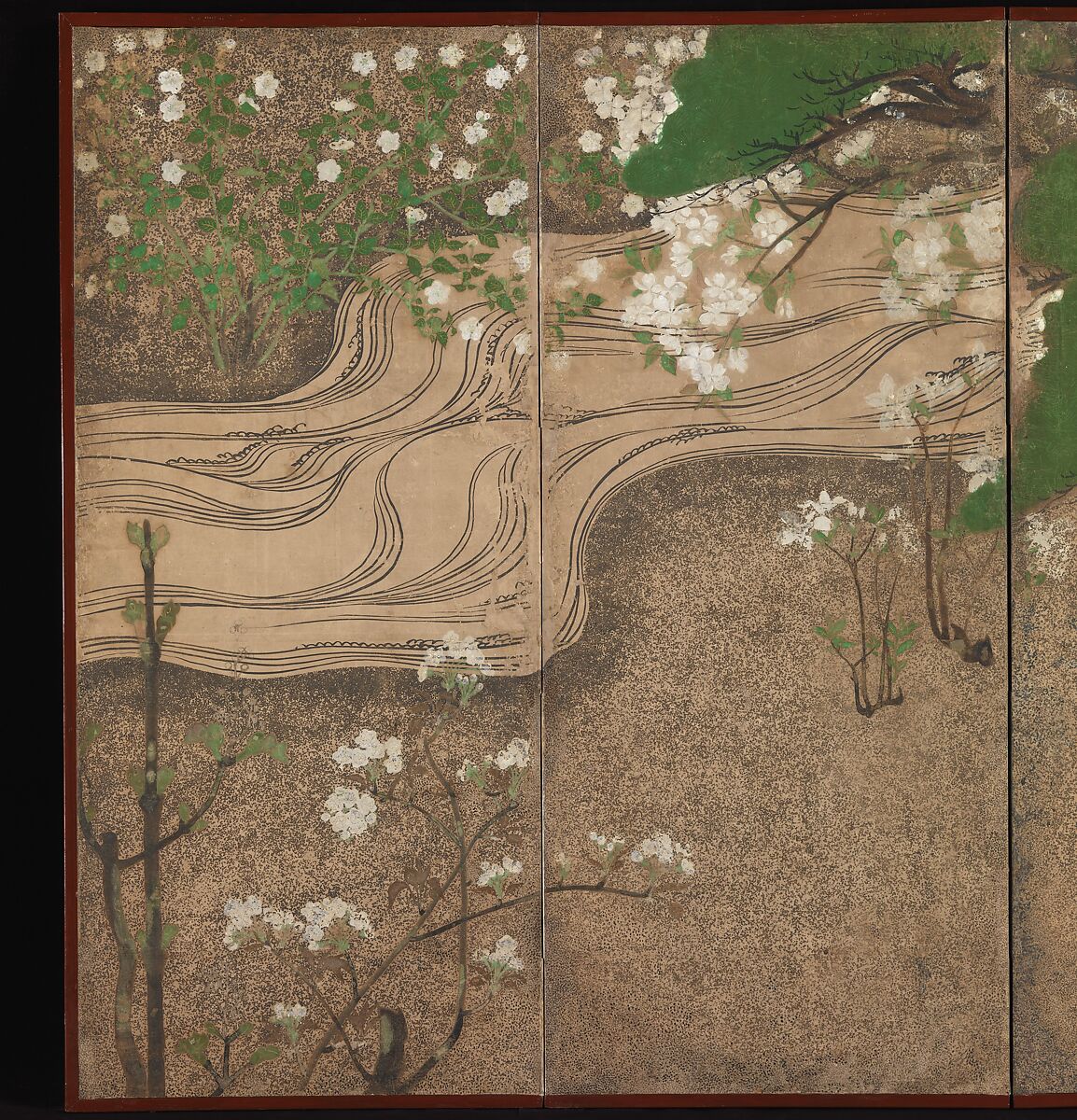 Spring Trees and Grasses by a Stream, One of a pair of six-panel folding screens; ink, color, gold, and silver on paper, Japan