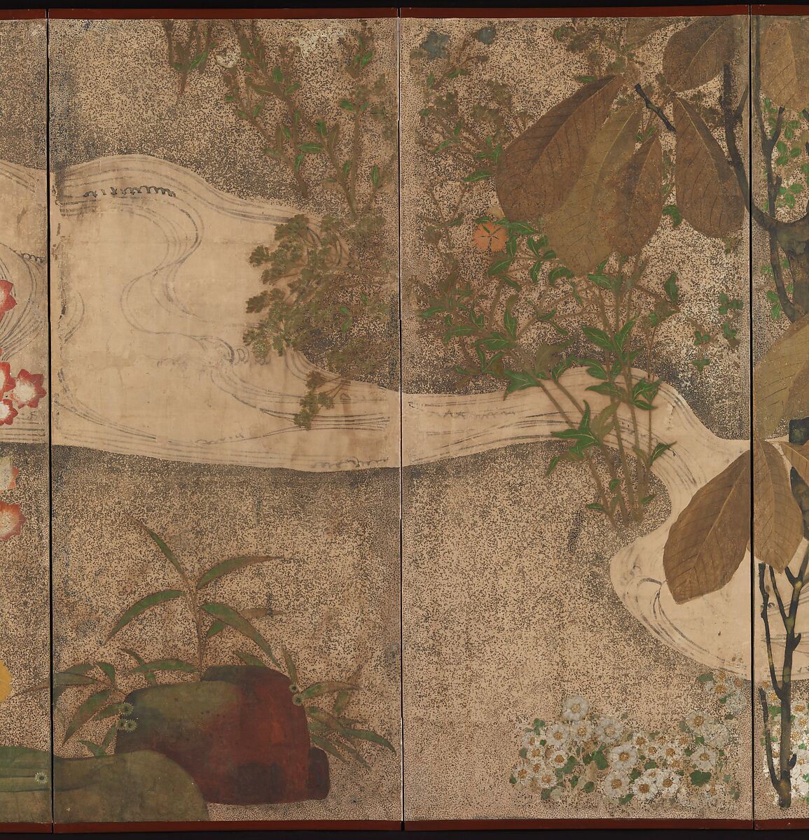 Autumn Trees and Grasses by a Stream, One of a pair of six-panel folding screens; ink, color, gold, and silver on paper, Japan