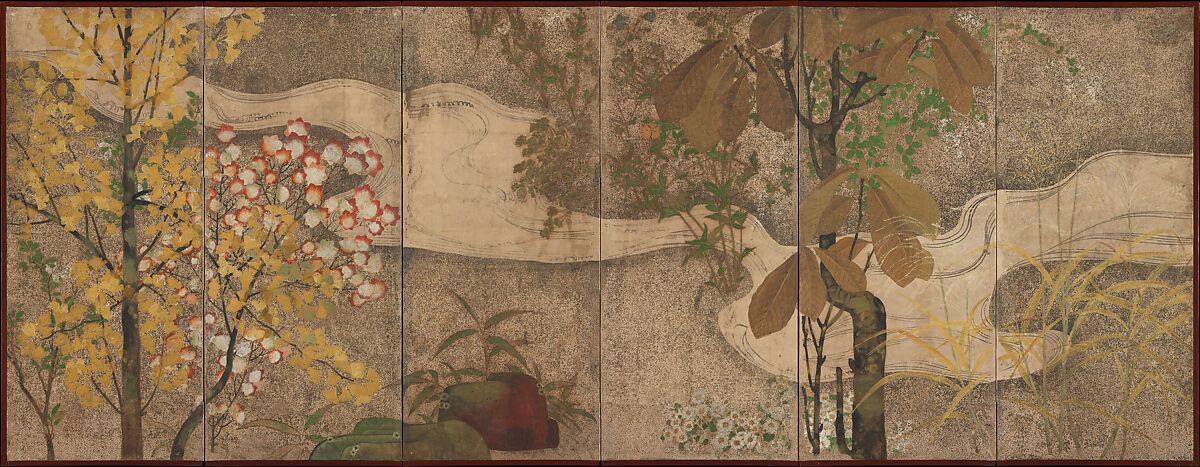Autumn Trees and Grasses by a Stream, One of a pair of six-panel folding screens; ink, color, gold, and silver on paper, Japan 