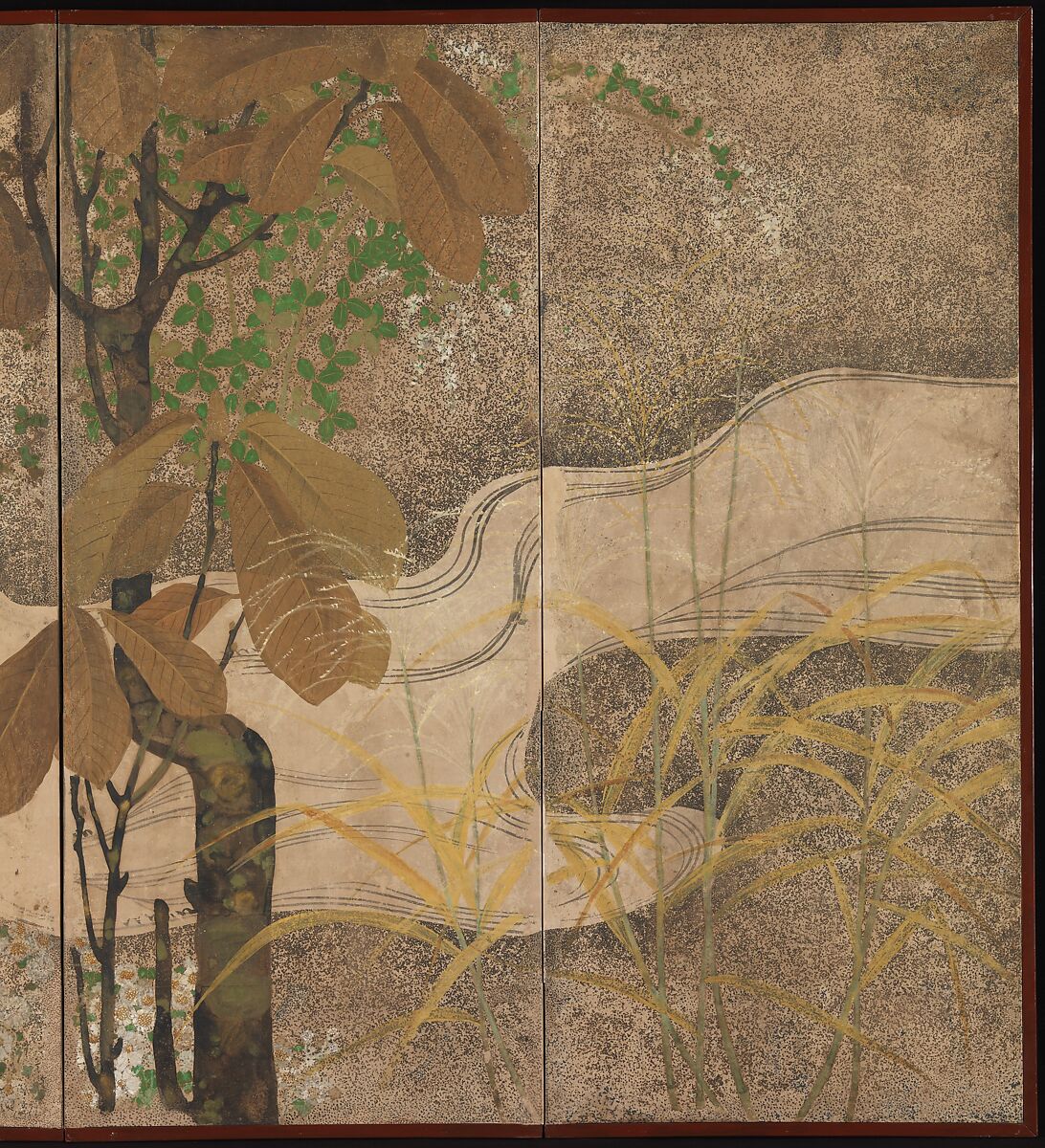 Autumn Trees and Grasses by a Stream, One of a pair of six-panel folding screens; ink, color, gold, and silver on paper, Japan