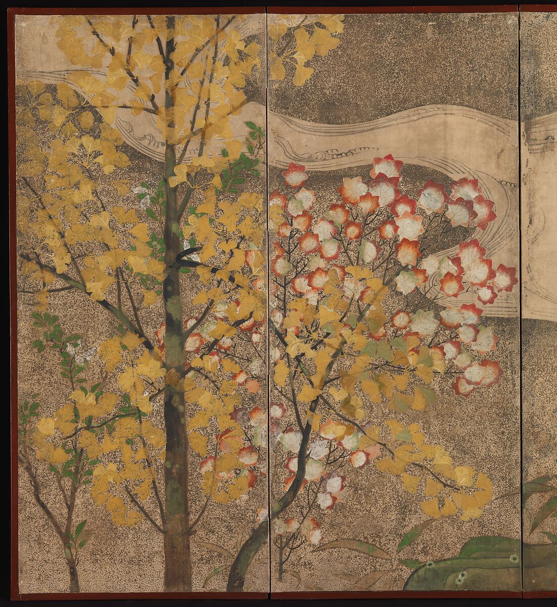 Autumn Trees and Grasses by a Stream, One of a pair of six-panel folding screens; ink, color, gold, and silver on paper, Japan