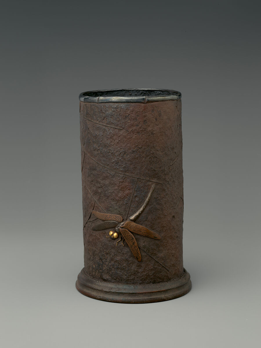 Brush Holder (Fude-zutsu), Cast iron with relief inlay in silver, gold and shibuichi, Japan