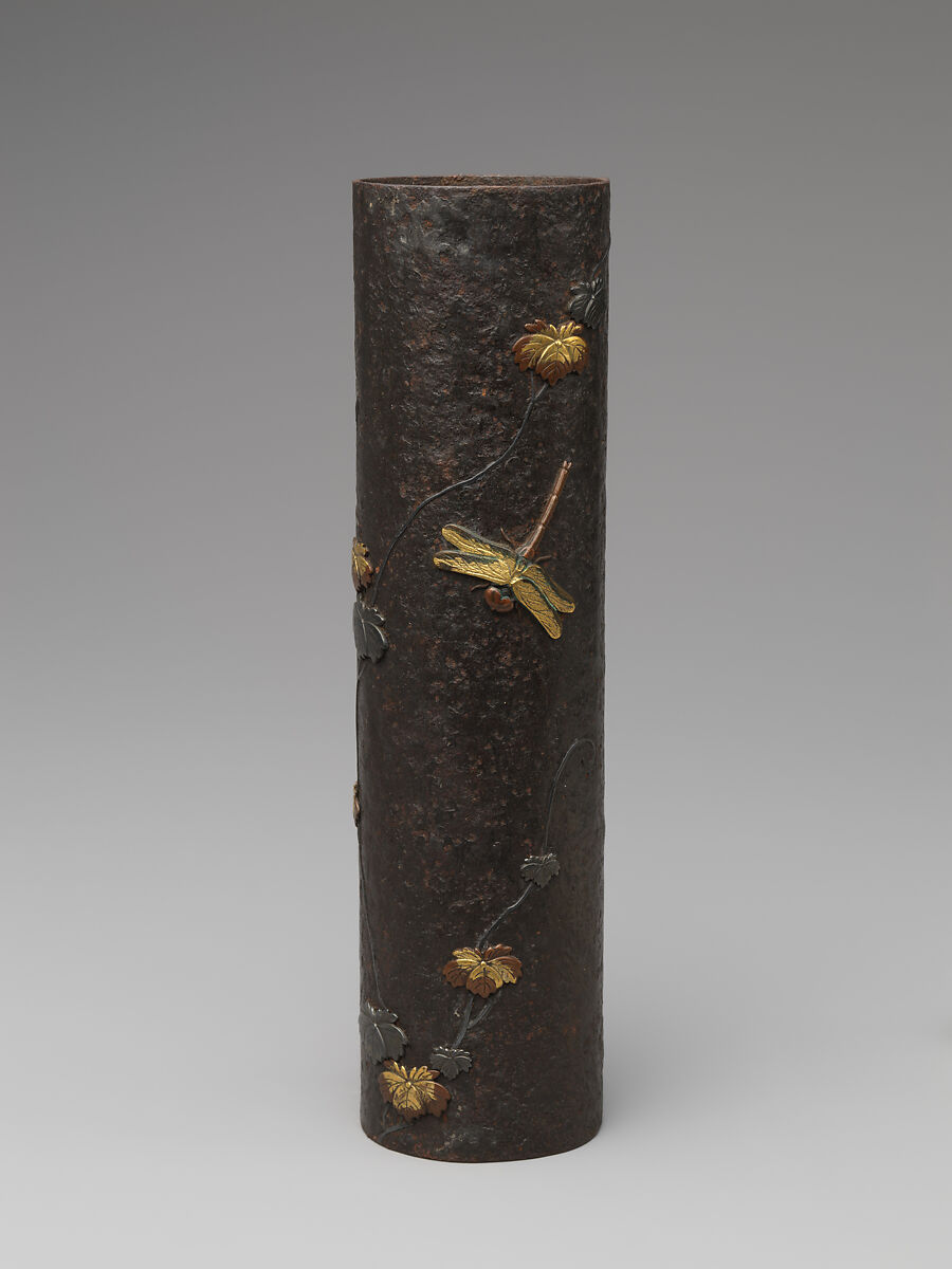 Hanging Vase with Ivy and Dragonflies, Iron inlaid with silver, gold and copper, Japan 