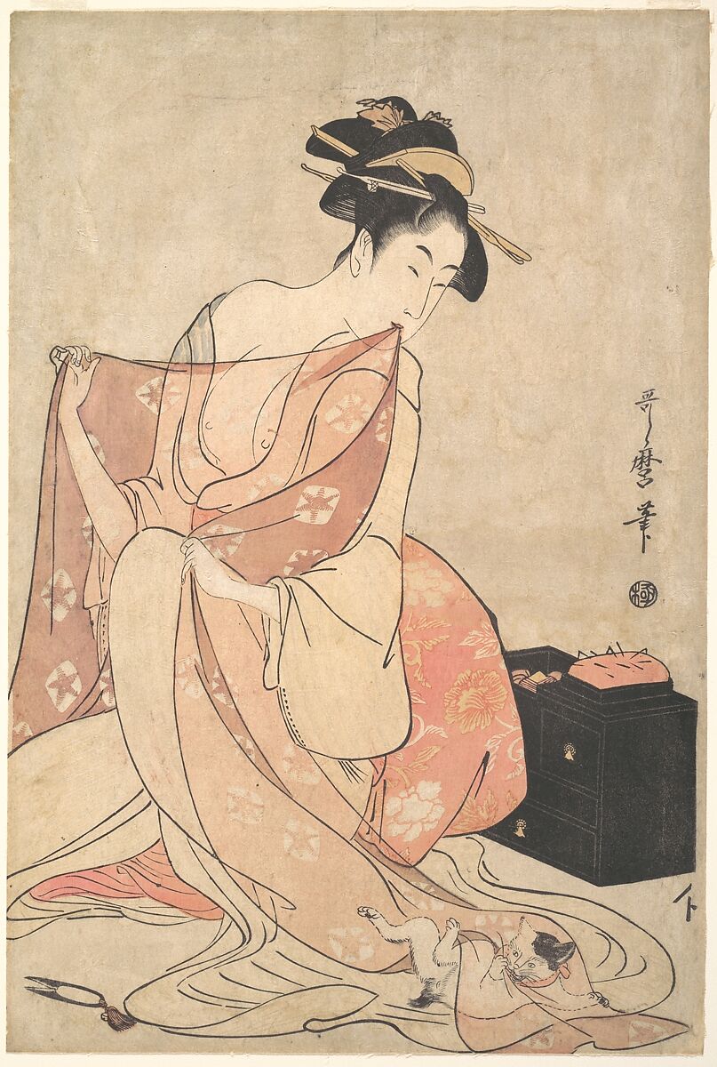 A Woman and a Cat, Kitagawa Utamaro (Japanese, ca. 1754–1806), One sheet of a triptych of woodblock prints; ink and color on paper, Japan 