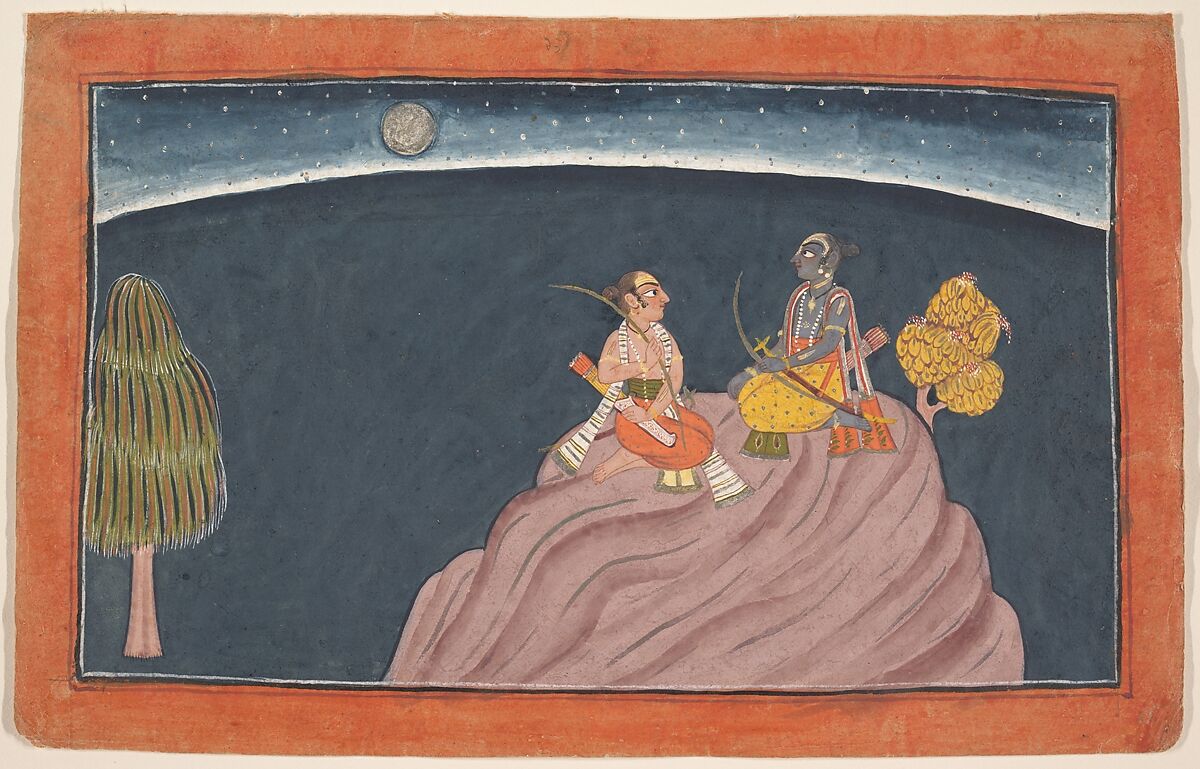 Rama and Lakshmana on Mount Pavarasana: Folio from the Shangri Ramayana series (Style II), Ink, opaque watercolor, and silver on paper, India. Punjab Hills, kingdom of Jammu (Bahu) 