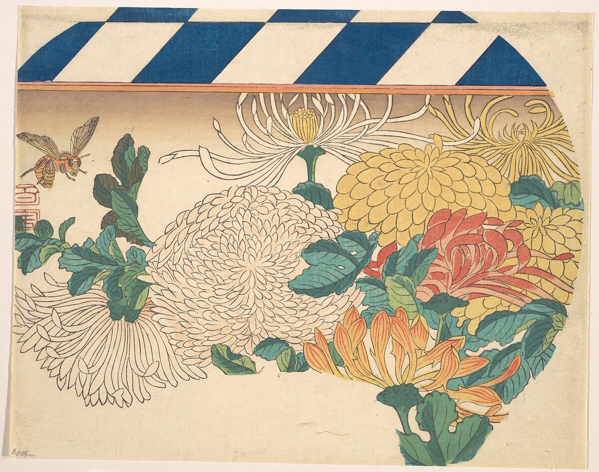 Chrysanthemums in Fan-shaped Design, Utagawa Hiroshige (Japanese, Tokyo (Edo) 1797–1858 Tokyo (Edo)), Woodblock print; ink and color on paper, Japan 