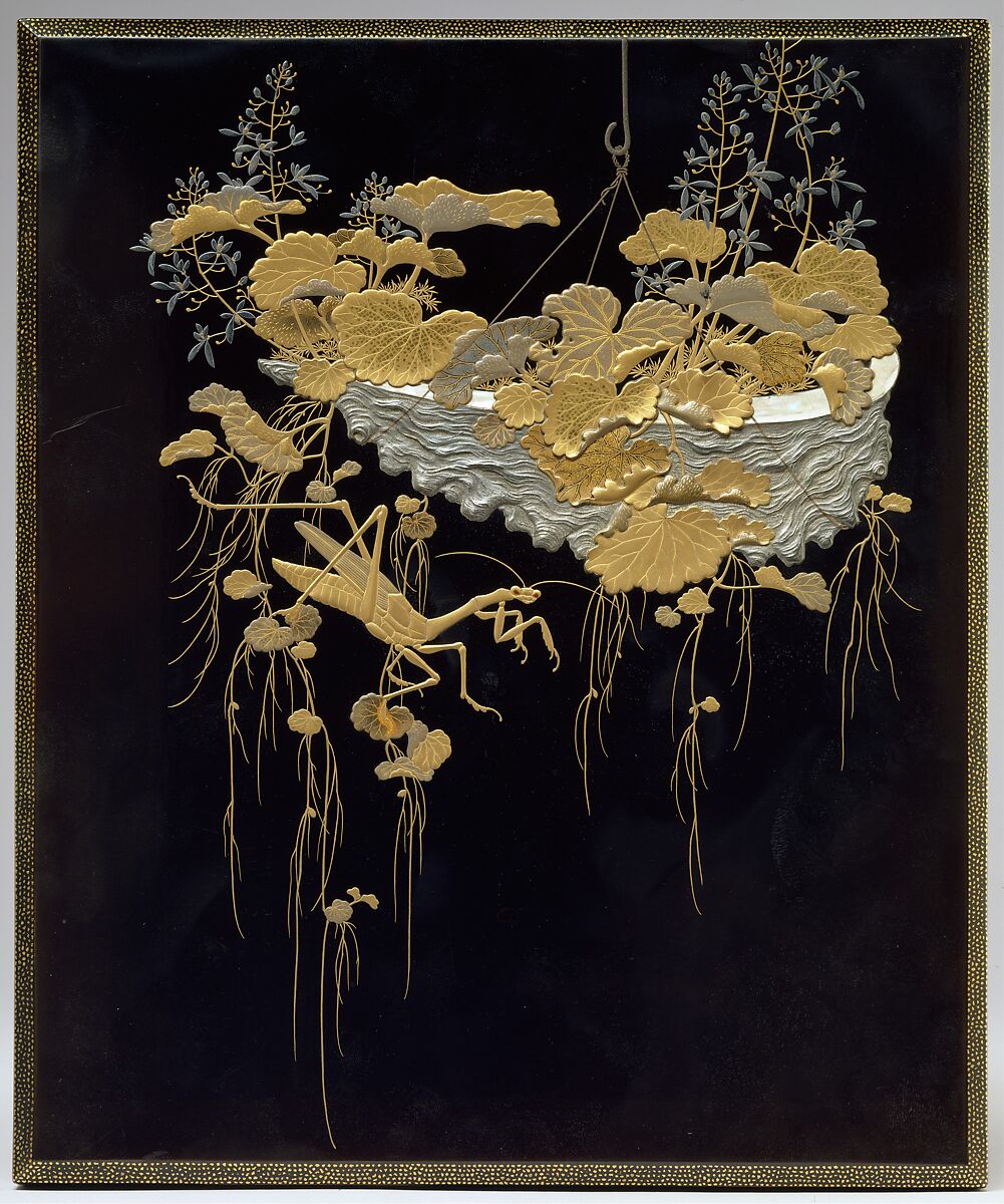 Shikishi (square calligraphy paper) Box with Design of Flowers and Praying Mantis, Lacquered wood with gold, silver takamaki-e, hiramaki-e, cutout gold foil application, mother-of-pearl inlay on black lacquer ground, Japan 