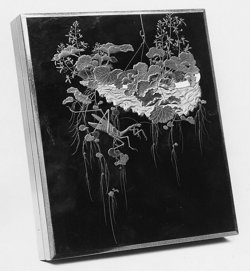 Shikishi (square calligraphy paper) Box with Design of Flowers and Praying Mantis, Lacquered wood with gold, silver takamaki-e, hiramaki-e, cutout gold foil application, mother-of-pearl inlay on black lacquer ground, Japan