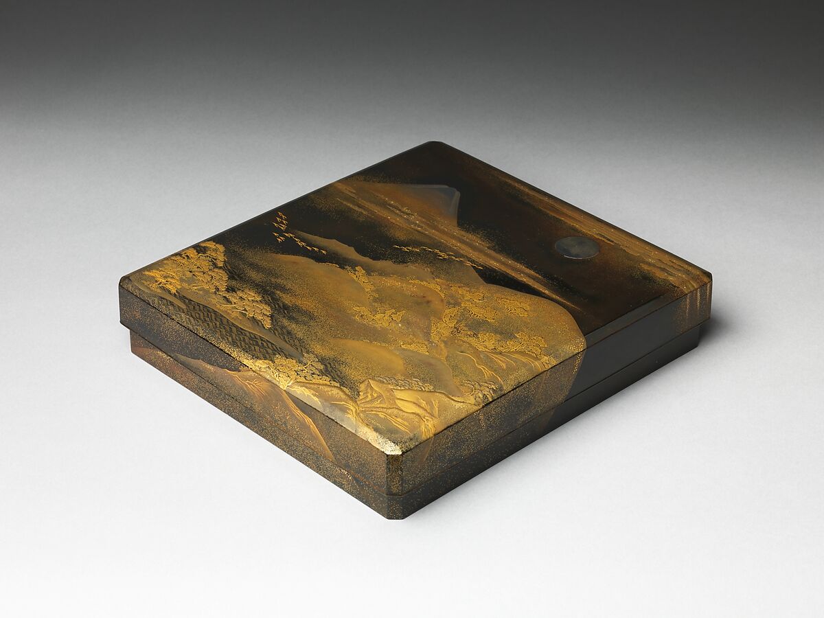 Box for Inkstone and Writing Implements (Suzuribako) with Geese against Mount Fuji in Moonlight and (inner lid) with Plovers by the Seashore, Black lacquer ground with gold and silver maki-e, Japan