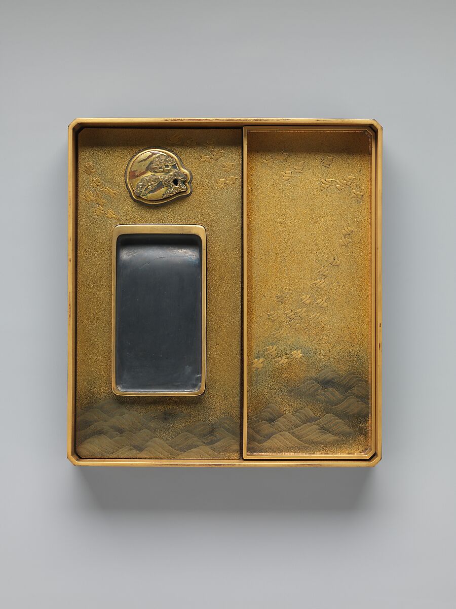 Box for Inkstone and Writing Implements (Suzuribako) with Geese against Mount Fuji in Moonlight and (inner lid) with Plovers by the Seashore, Black lacquer ground with gold and silver maki-e, Japan