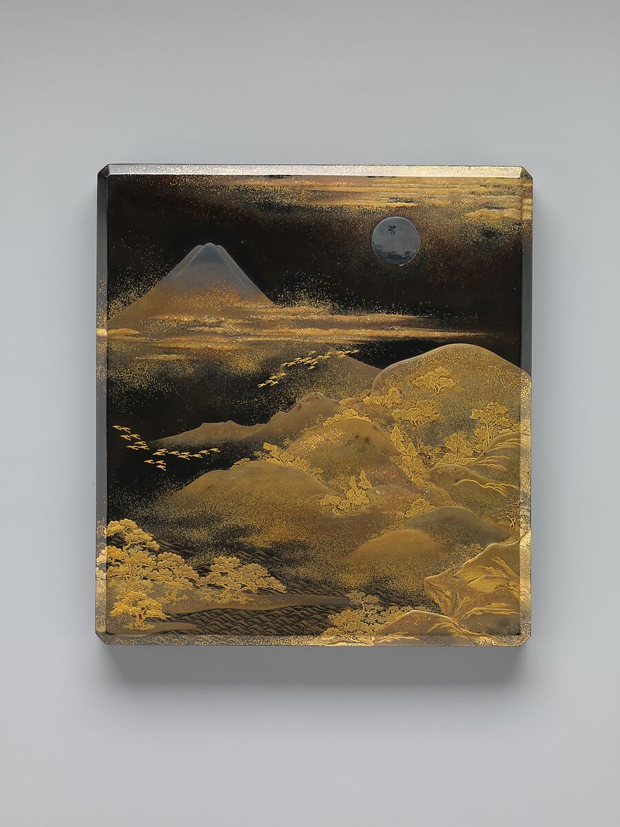 Box for Inkstone and Writing Implements (Suzuribako) with Geese against Mount Fuji in Moonlight and (inner lid) with Plovers by the Seashore, Black lacquer ground with gold and silver maki-e, Japan 