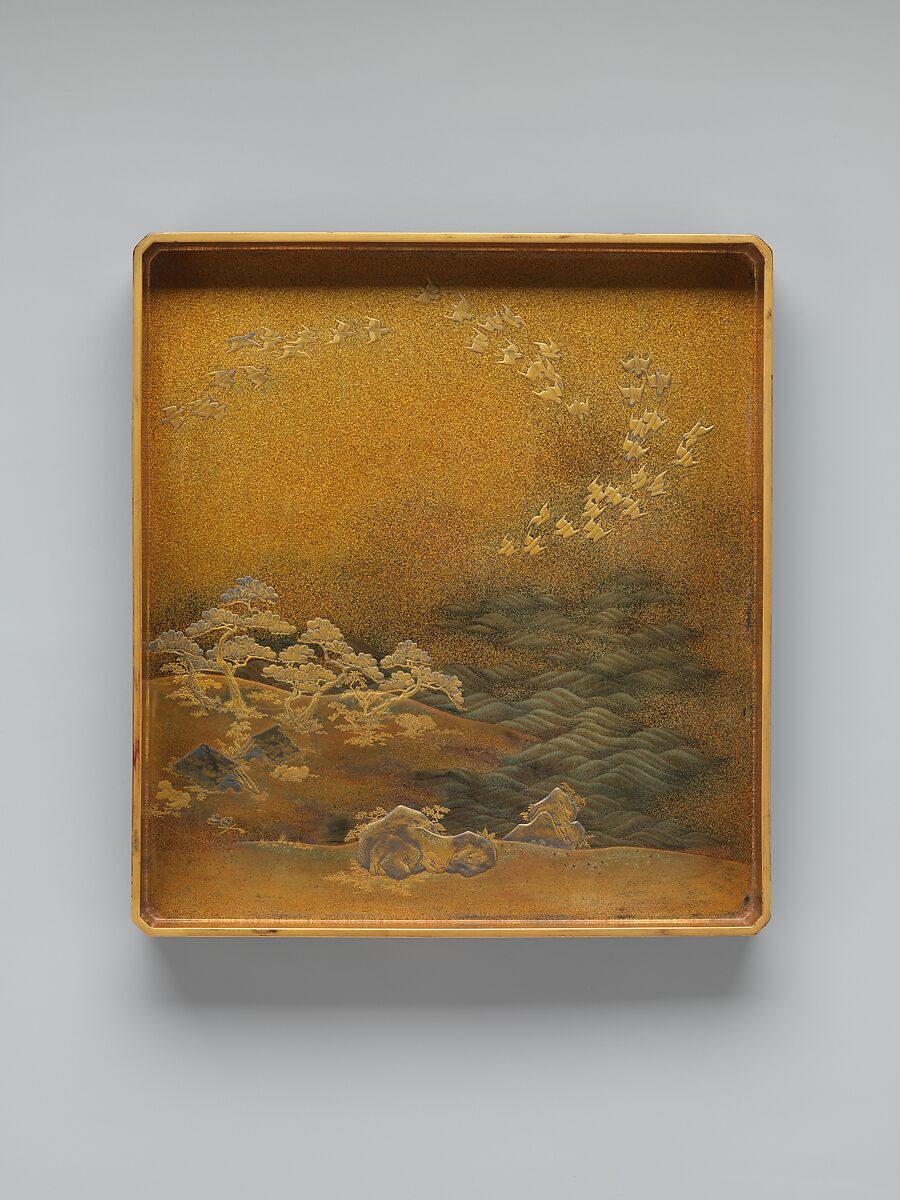 Box for Inkstone and Writing Implements (Suzuribako) with Geese against Mount Fuji in Moonlight and (inner lid) with Plovers by the Seashore, Black lacquer ground with gold and silver maki-e, Japan