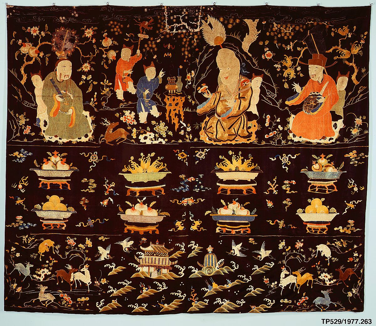 Hanging with the Three Stars, Silk and gold thread embroidery on silk satin, China 