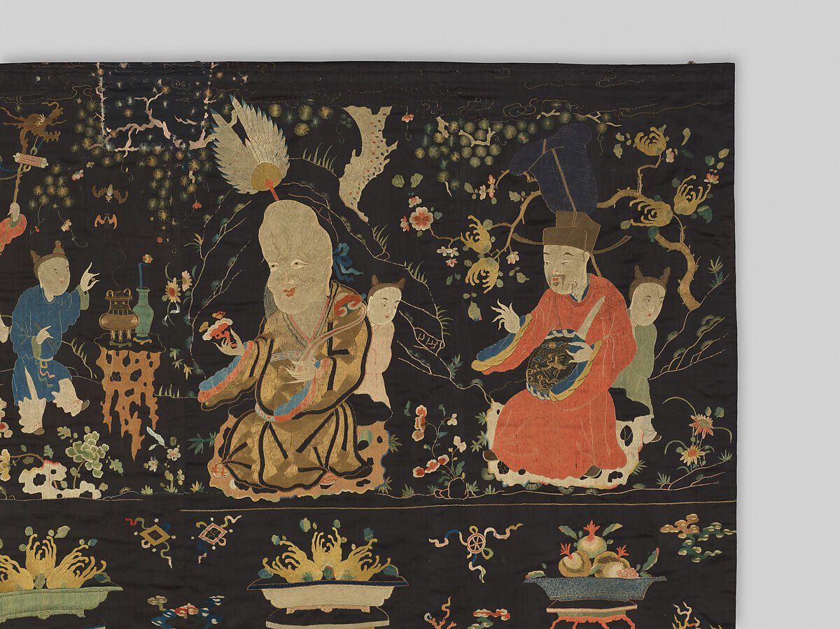 Hanging with the Three Stars, Silk and metal thread embroidery on silk satin, China