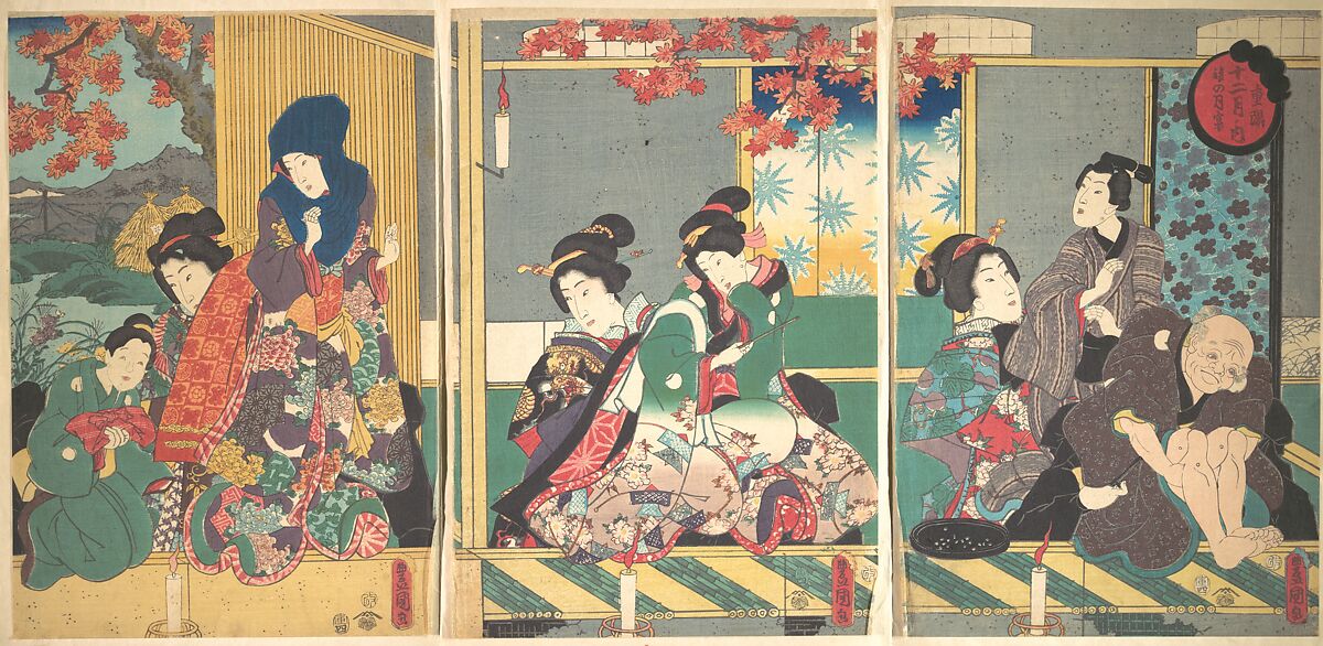 Banquet of the Next Full Moon at the Chrysanthemum Festival, from the series The Twelve Months (Chōyō nochi no tsuki no en, Jūni tsuki no uchi), Utagawa Kunisada (Japanese, 1786–1864), Triptych of woodblock prints; ink and color on paper, Japan 