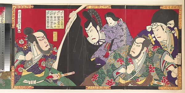 Album of Thirty-Two Triptychs of Polychrome Woodblock Prints by Various Artists, Toyohara Kunichika (Japanese, 1835–1900), Album of thirty-two triptychs of woodblock prints; ink and color on paper, Japan