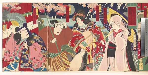 Album of Thirty-Two Triptychs of Polychrome Woodblock Prints by Various Artists, Toyohara Kunichika (Japanese, 1835–1900), Album of thirty-two triptychs of woodblock prints; ink and color on paper, Japan