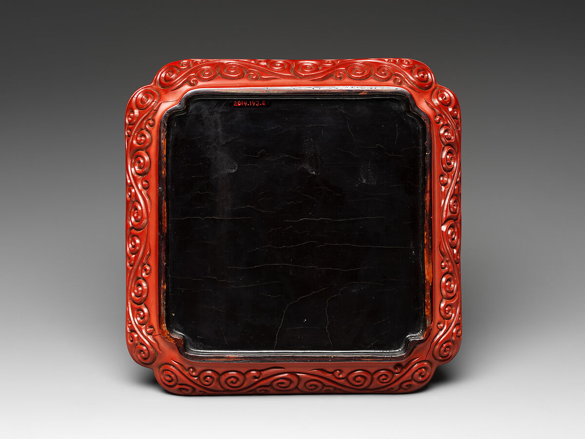 Square dish with figures in a garden, Carved red lacquer, China