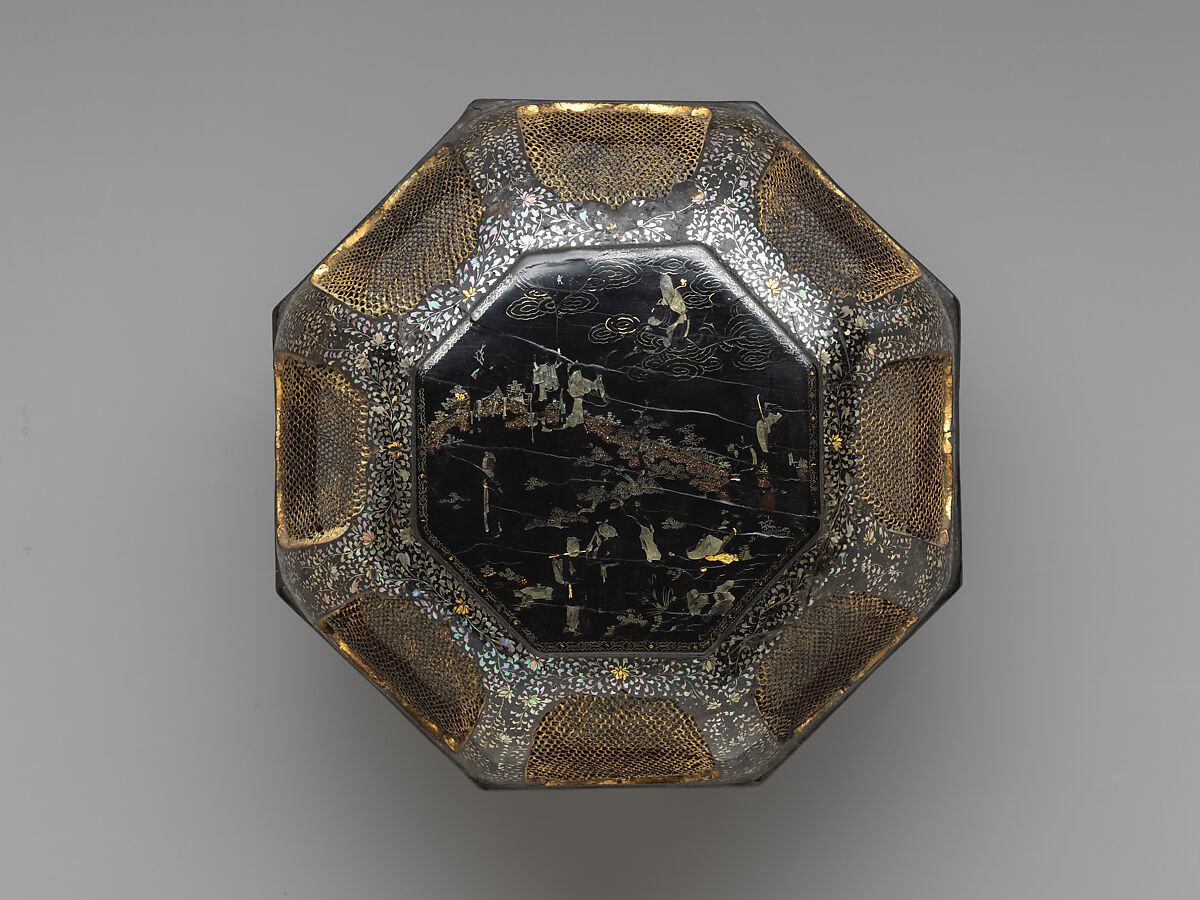 Octagonal food box with Chinese immortals and floral design, Lacquered wood; mother-of-pearl inlay, gold leaf application on black ground and gilded metal net inserts, Japan (Ryūkyū Islands, now Okinawa Prefecture)