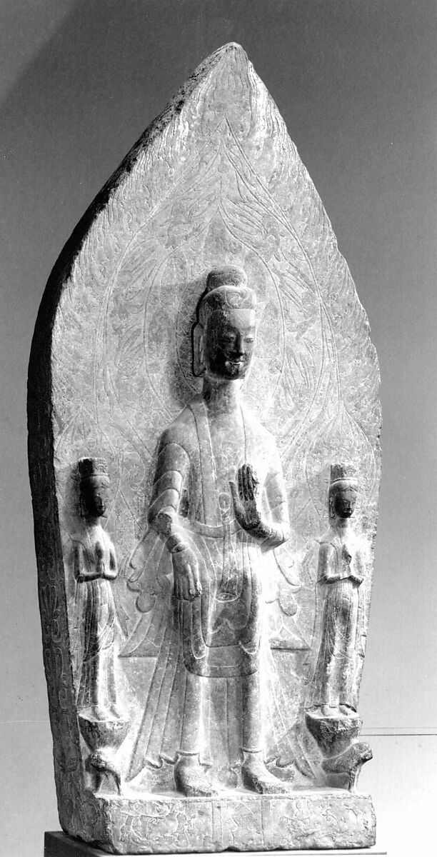Maitreya with attendant bodhisattvas, Limestone, China